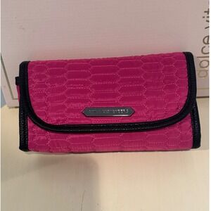 Aimee Kestenberg Pink Quilted Nylon Cosmetic Bag with Mirror Black Leather Trim